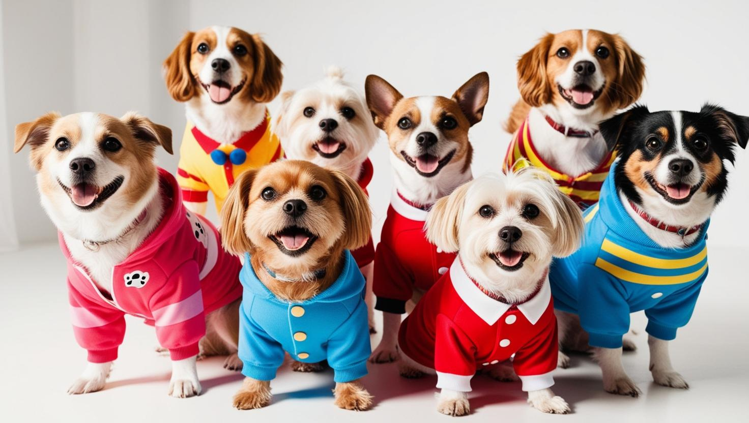 Imagen de ocho perros mirando a cámara con la lengua a fuera y vestidos con ropa de colores